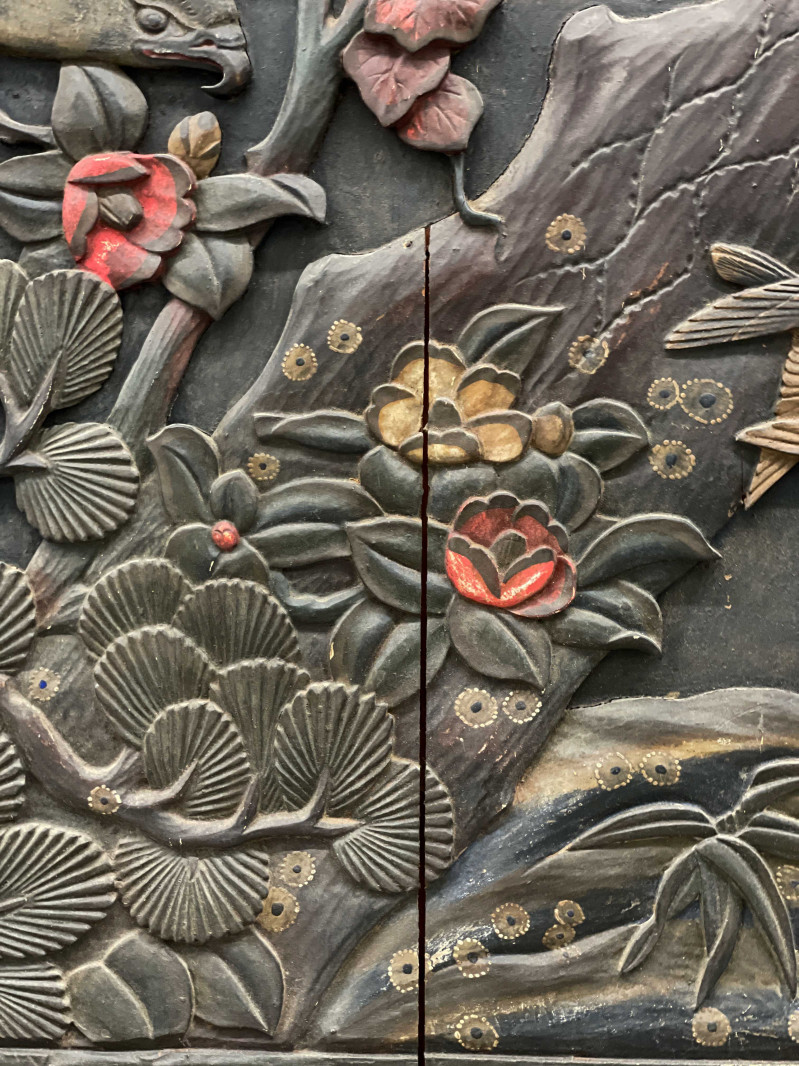 Japanese Lacquered and Carved Wood Two Panel Screen