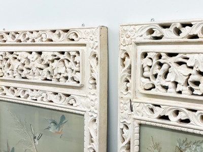 Four Chinese Embroidered Silk Panels Mounted in Carved Wood Frames