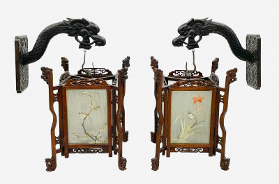 Image for Lot Pair of Chinese Lanterns with Dragon Wall Mounts
