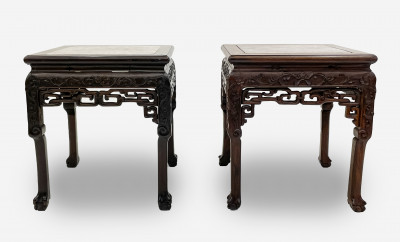 Pair of Chinese Carved Low Tables with Marble Tops
