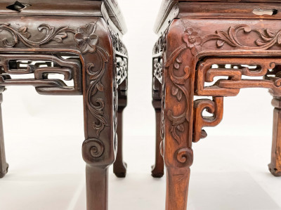 Pair of Chinese Carved Low Tables with Marble Tops