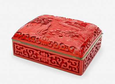 Image for Lot Chinese Red Lacquer Box with Blue Enamel Interior