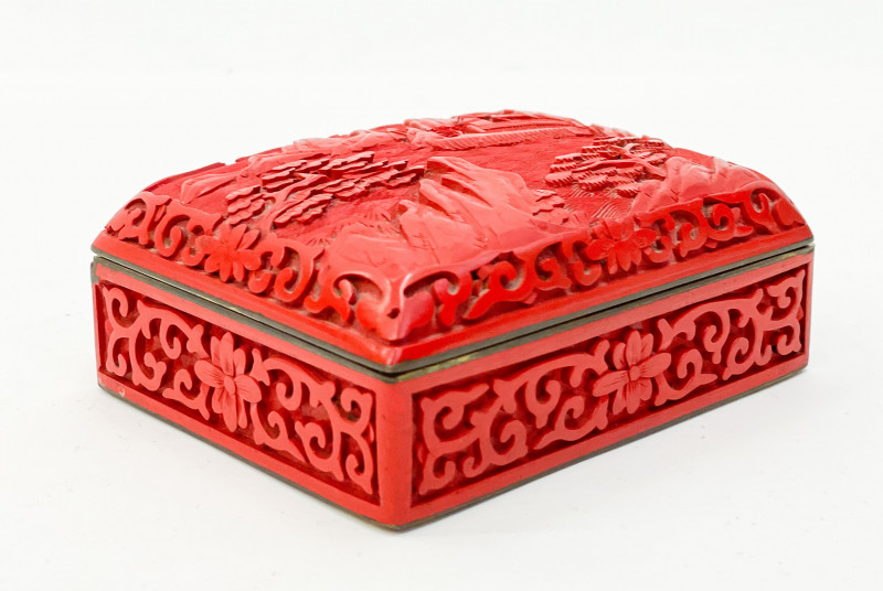 Chinese Red Lacquer Box with Blue Enamel Interior