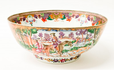 Image for Lot Chinese Export Porcelain 'Mandarin Palette' Fox Hunting Punch Bowl