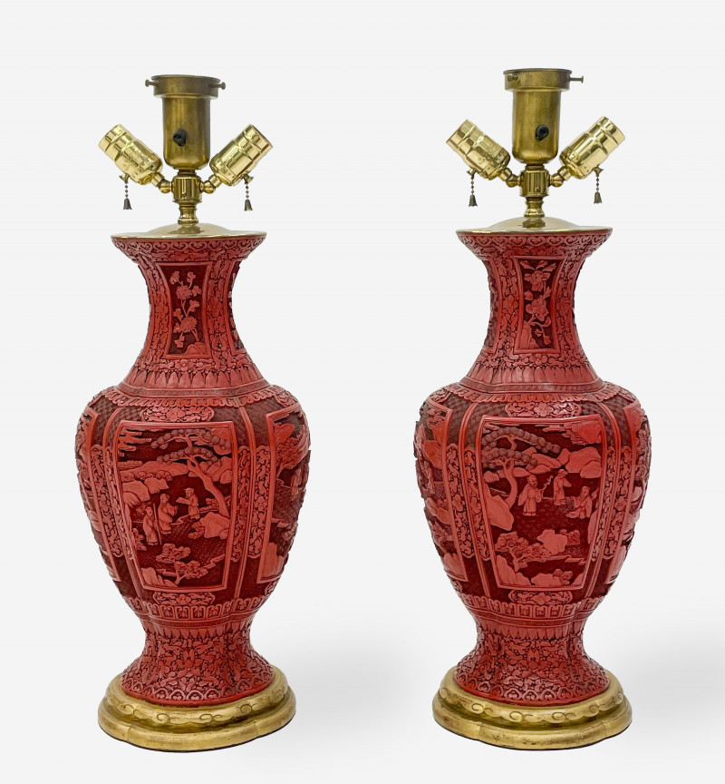 Pair Chinese Carved Red Lacquer Vases mounted as Lamps