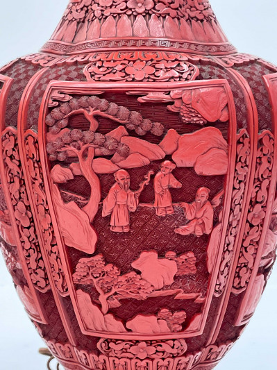 Pair Chinese Carved Red Lacquer Vases mounted as Lamps