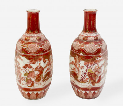 Pair of Small Japanese Kutani Bottle Vases
