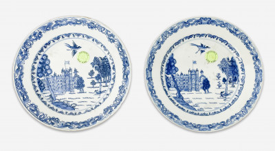 Pair of Chinese Export Blue and White 'Burghley House' Dishes
