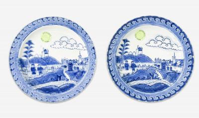 Image for Lot Pair of Blue and White Export Porcelain 'Deshima Island' Plates
