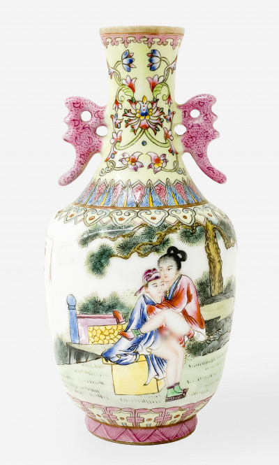 Image for Lot Chinese Famille Rose Porcelain Erotic Vase