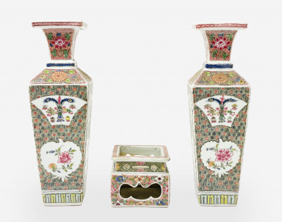 Image for Lot Pair of Chinese Famille Rose Square Vases and a Matching Stand