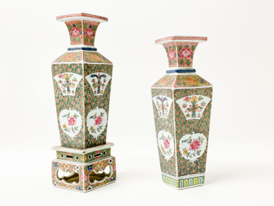 Pair of Chinese Famille Rose Square Vases and a Matching Stand