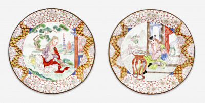 Image for Lot Pair of Canton Enamel European Subject Dishes