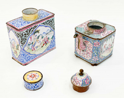 Chinese Canton Enamel Wine Pot and Tea Caddy