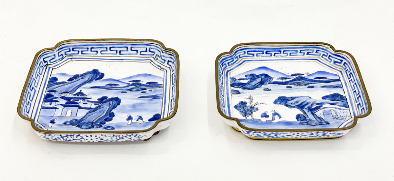 Two Chinese Canton Enamel Blue and White Dishes