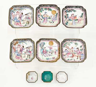Image for Lot Six Chinese Canton Enamel Dishes and Three Cups