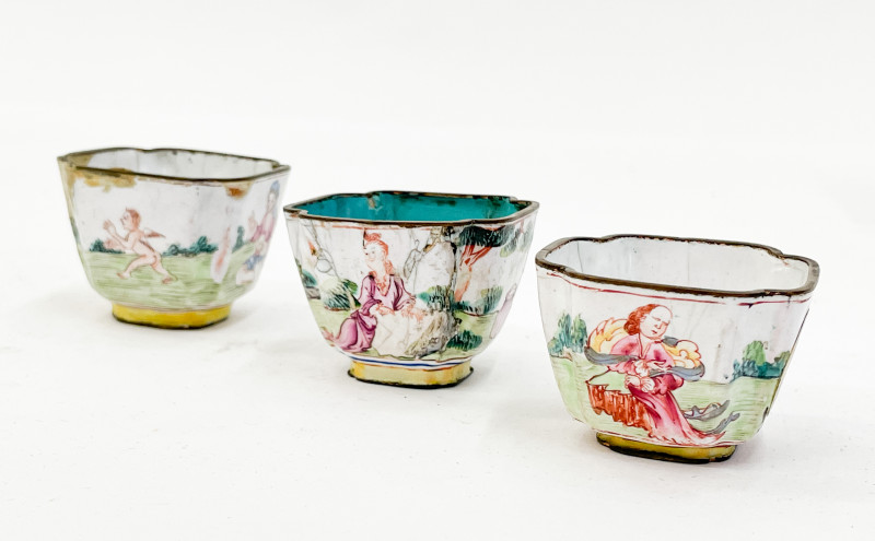 Six Chinese Canton Enamel Dishes and Three Cups