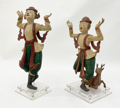 Pair of Burmese Polychrome Carved Wood Nat Dancers