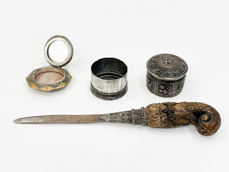 Group of Asian Metal Boxes, a Letter Opener, and Porcelain Censer and Cover