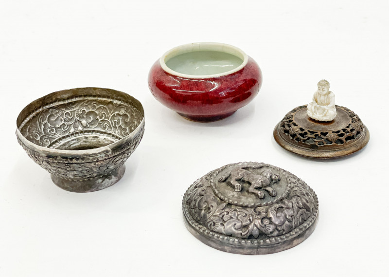 Group of Asian Metal Boxes, a Letter Opener, and Porcelain Censer and Cover