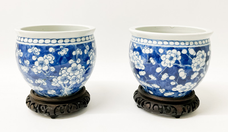 Pair of Blue and White Prunus Blossom Planters