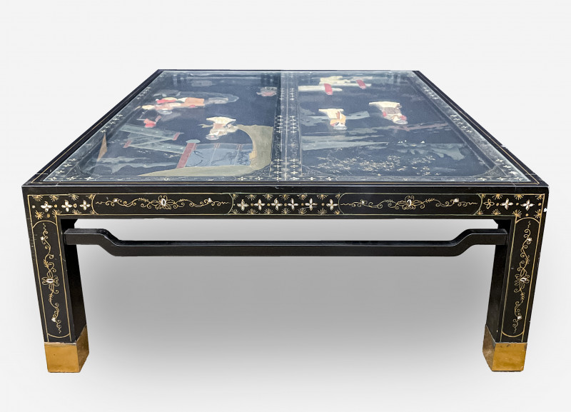 Chinese Hardstone Inset Black Lacquer Screen Set as a Coffee Table