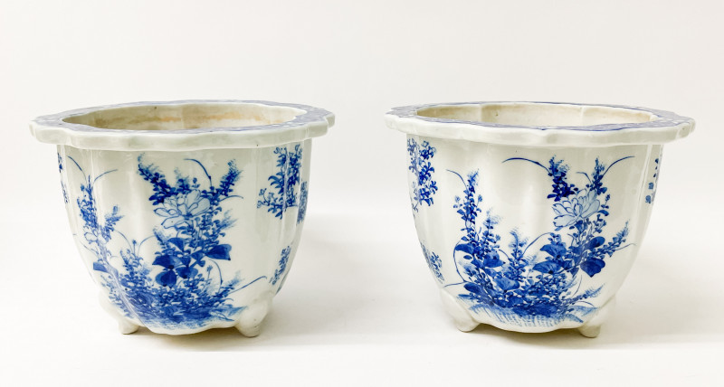 Pair of Blue and White Floral Planters