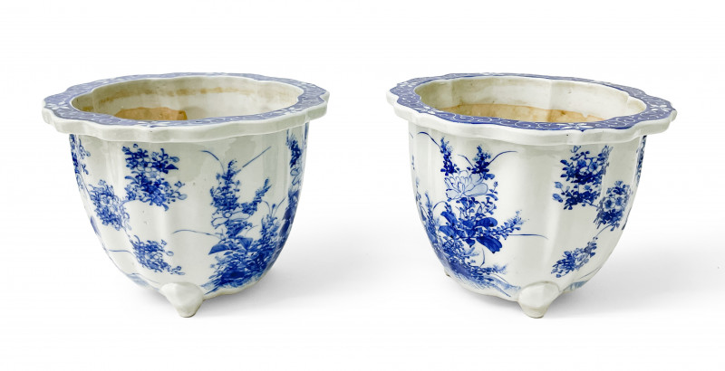 Pair of Blue and White Floral Planters