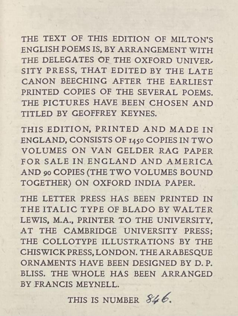 MILTON Poems in English 2 vol NONESUCH PRESS 1926