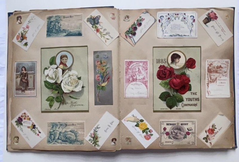 Scrapbook over 200 Chromolithograph Cards circa 1880