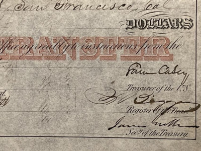 US TREASURY Samuel CASEY Signed 1856 transfer of $2500