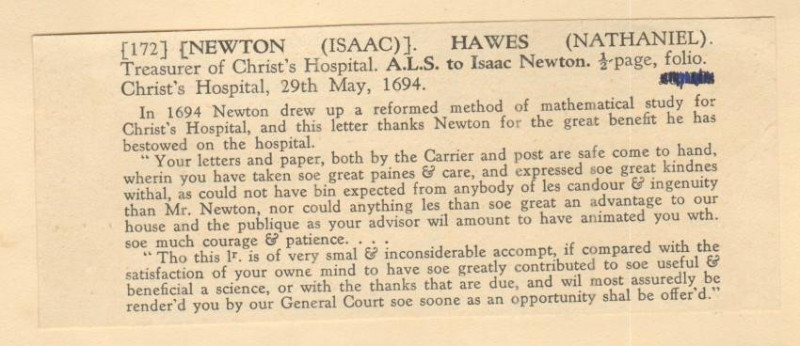 N. HAWES. ALS to Sir Isaac Newton, 29th May 1694
