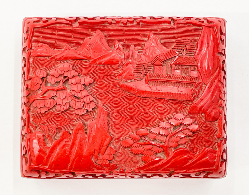 Chinese Red Lacquer Box with Blue Enamel Interior