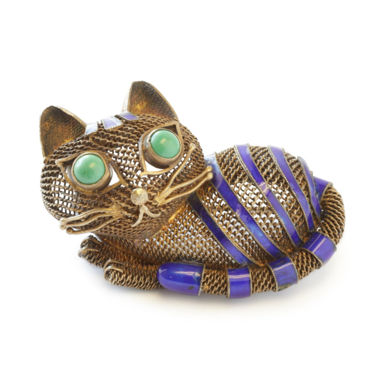Antique Silver and Enamel Cat Brooch