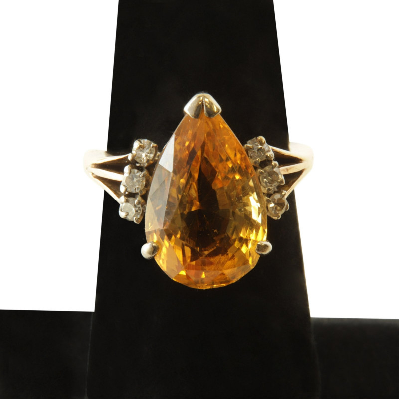 Art Deco Pear Cut Citrine & Diamond Ring