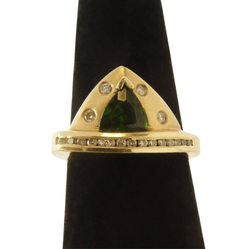 Art Deco Trillion Cut Tsavorite & Diamond Ring