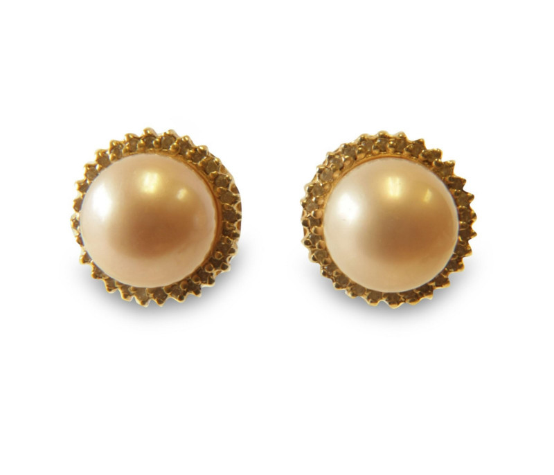 Pair of Pink Pearl and Diamond Earrings
