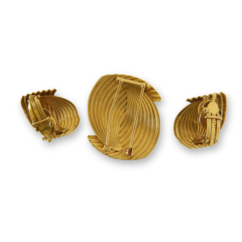 14K Yellow Gold Corrugated Earrings & Brooch