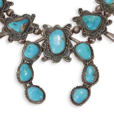 Navajo Silver & Turquoise Squash Blossom Necklace