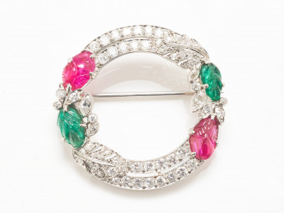 Image for Lot Diamond, Ruby & Emerald Brooch