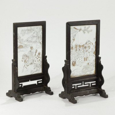 Pair Vintage Chinese Painted Glass Table Screens