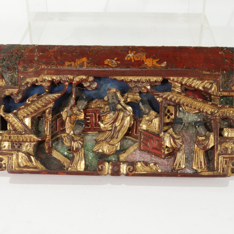 2 Chinese Wood Carved Panels Gilt & Red Lacquer