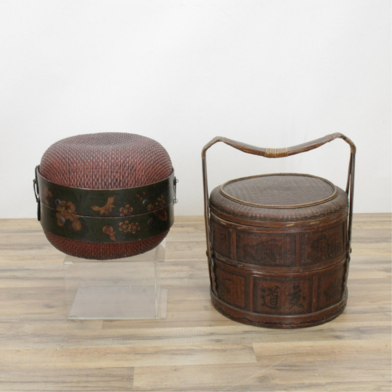 Two Large Chinese Round Wicker Boxes