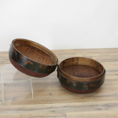 Two Large Chinese Round Wicker Boxes