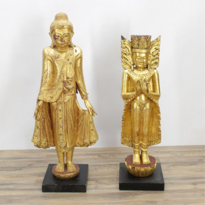 Image for Lot Large Thai Wood Gilt Figures