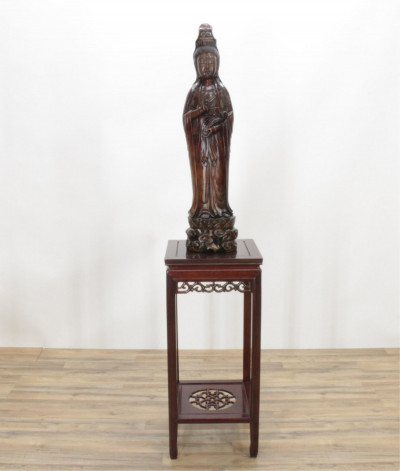 Image for Lot Large Carved Rosewood Guanyin And Table Stand