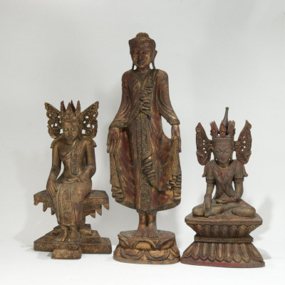 Image for Lot Group Of Three Gilt Wood Burmese Buddhas