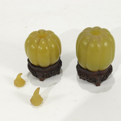 Two Chinese Carved Yellow Hard Stone Melon Bottles