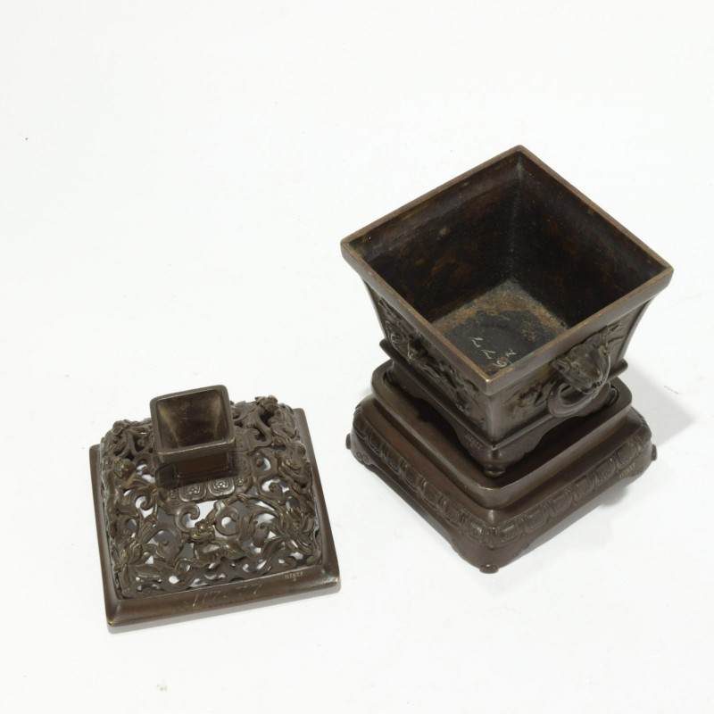 Ming Bronze Censer With Reticulated Coner & Stand