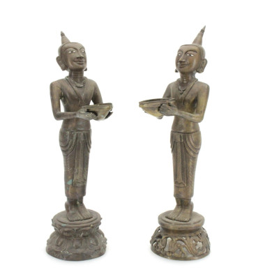 Image for Lot Pair Of Bronze Standing Buddhist Figure Oil Lamps